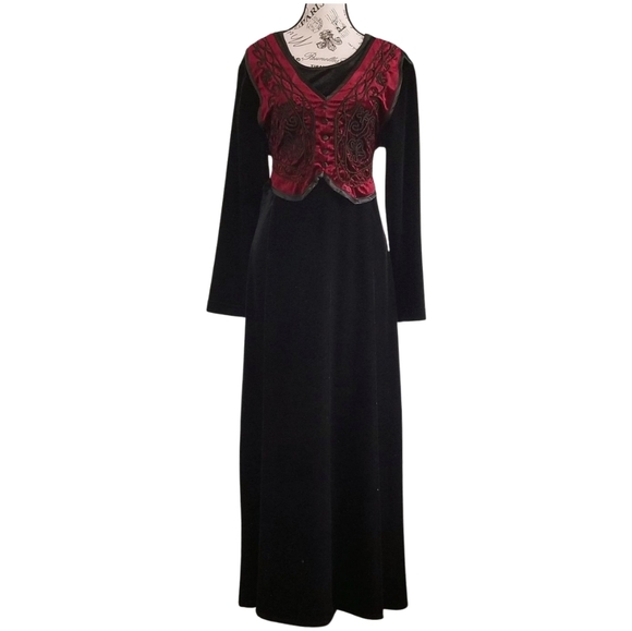 90s Black and wine red velvet maxi dress  size large - Picture 1 of 10